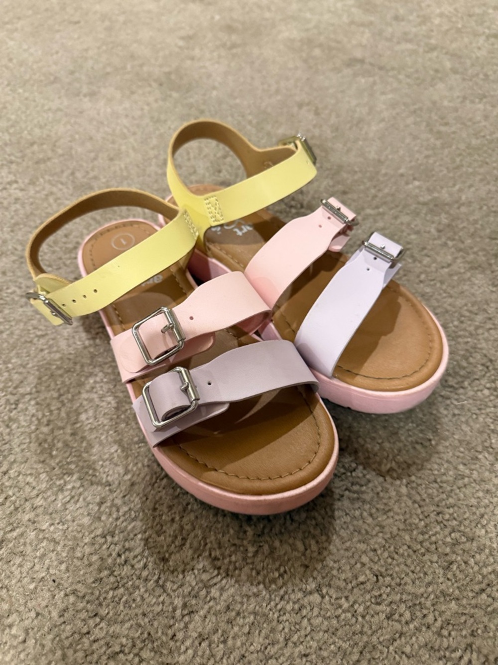art class Pastel Multi-Strap Buckle Sandals in Yellow, Pink, Lavender